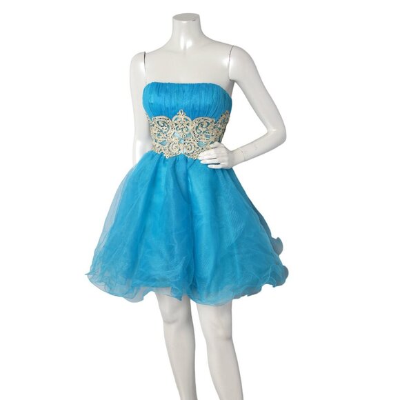 Original Organza Tulle Jeweled Prom Short Dress Blue Strapless Rhinestone - Picture 2 of 9